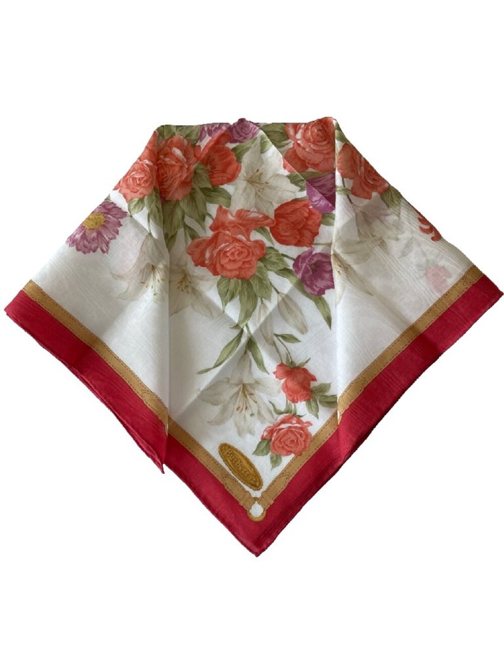Vintage Burberrys Cotton Scarf Floral Bouquet Belt Print Red Border